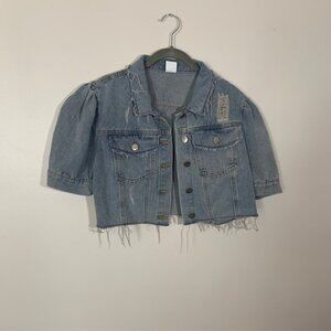 Y2K 80s Revival Cropped Puff Sleeve Denim Jacket Distressed Ripped Light Wash